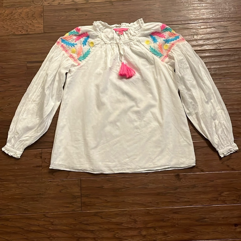 Lilly Pulitzer Florentina White Peasant Top with Embroidery Size S